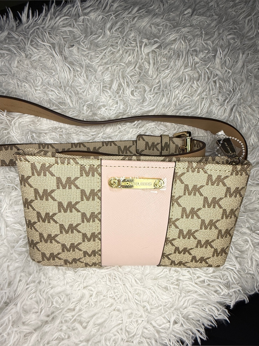 Michael Kors Beige Logo Canvas with Pale Pink Leather Center Crossbody - Picture 3 of 4